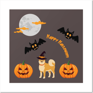 Shiba Inu with Witch Hat and Happy Halloween Sign, Spooky Pumpkin, Bats and Moon Posters and Art